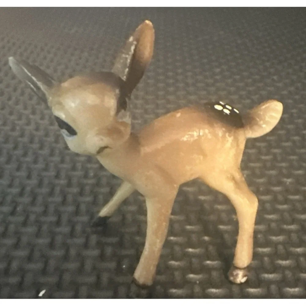 Vintage Doe & Fawn Plastic Deer Figurines Big Blue Eyes - Doe has 3 Legs